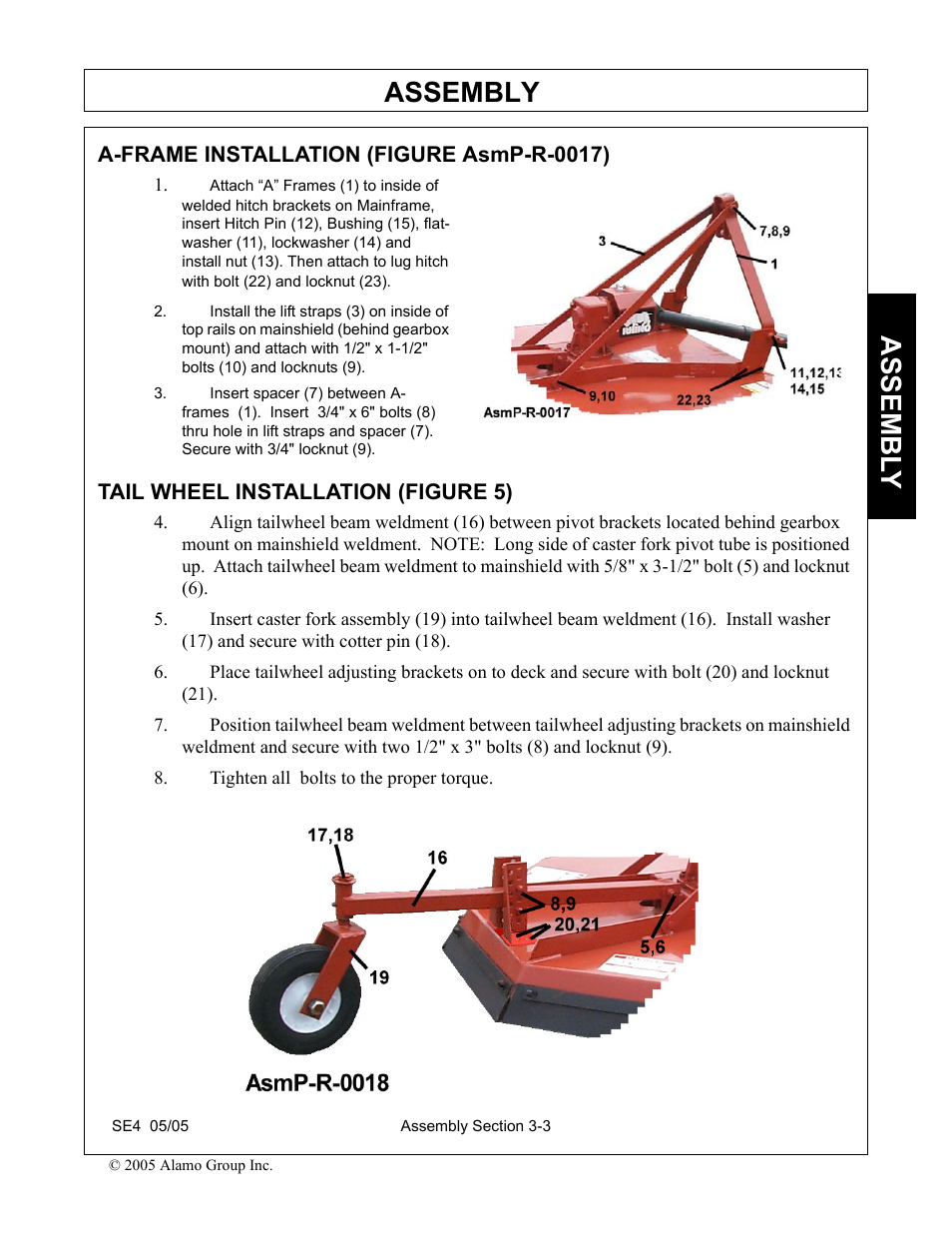 A-frame installation (figure asmp-r-0017), Tail wheel installation (figure 5), Tighten all bolts to the proper torque | Assembly, Assembl y | Rhino Mounts SE4 User Manual | Page 79 / 138