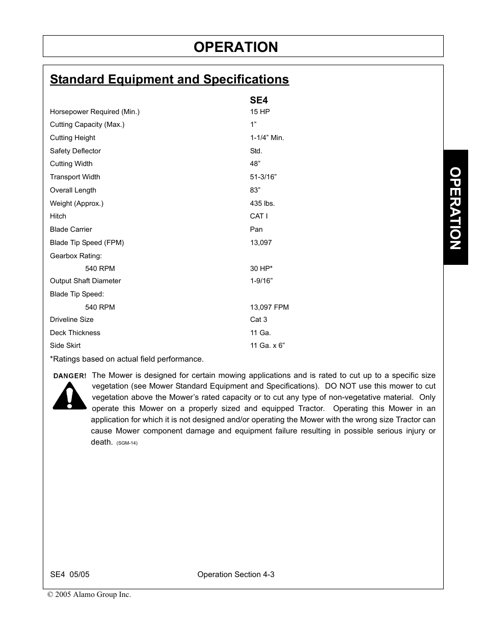 Standard equipment and specifications, Standard equipment and specifications -3, Operation | Opera t ion | Rhino Mounts SE4 User Manual | Page 83 / 138