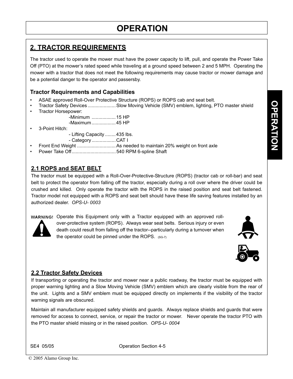 Tractor requirements, Tractor requirements and capabilities, 1 rops and seat belt | 2 tractor safety devices, Operation, Opera t ion | Rhino Mounts SE4 User Manual | Page 85 / 138