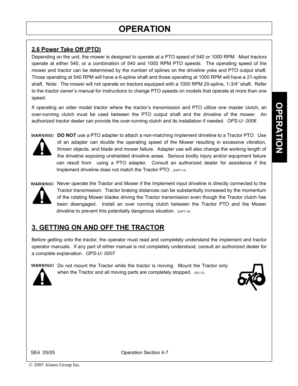 6 power take off (pto), Getting on and off the tractor, Operation | Opera t ion | Rhino Mounts SE4 User Manual | Page 87 / 138