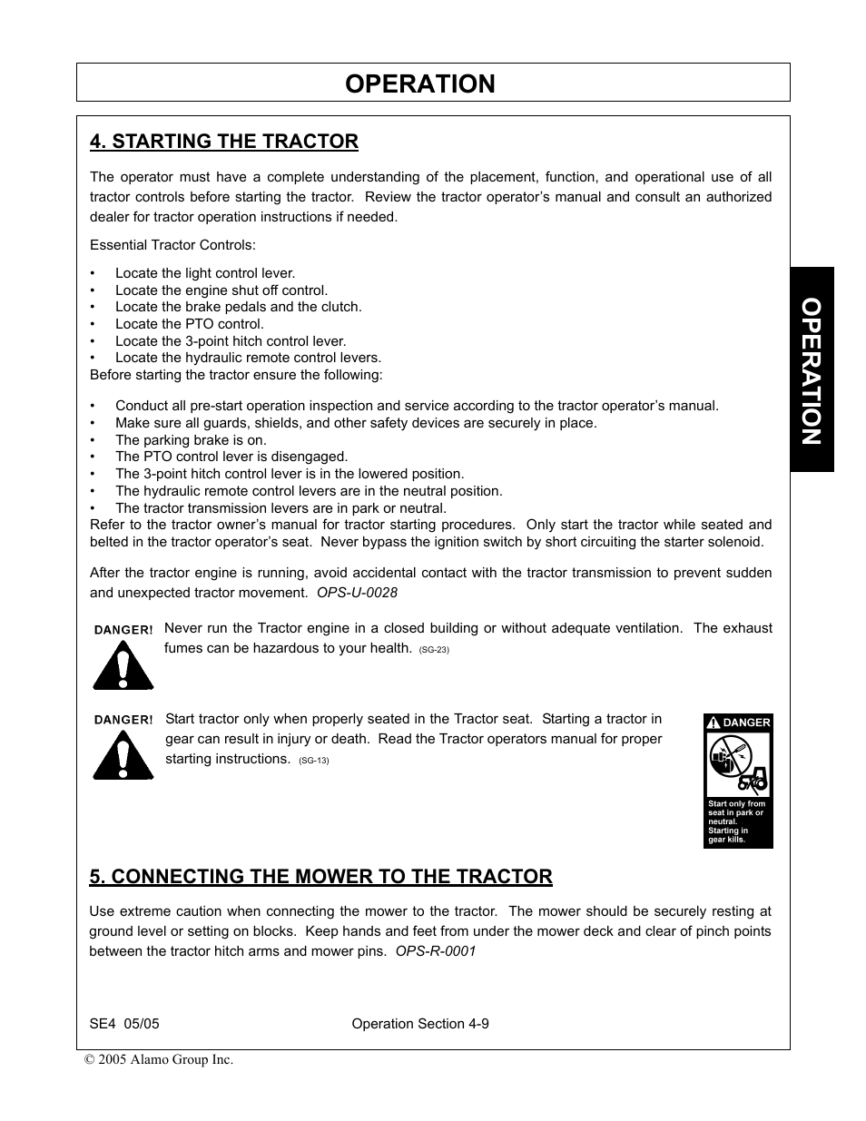 Starting the tractor, Connecting the mower to the tractor, Operation | Opera t ion | Rhino Mounts SE4 User Manual | Page 89 / 138