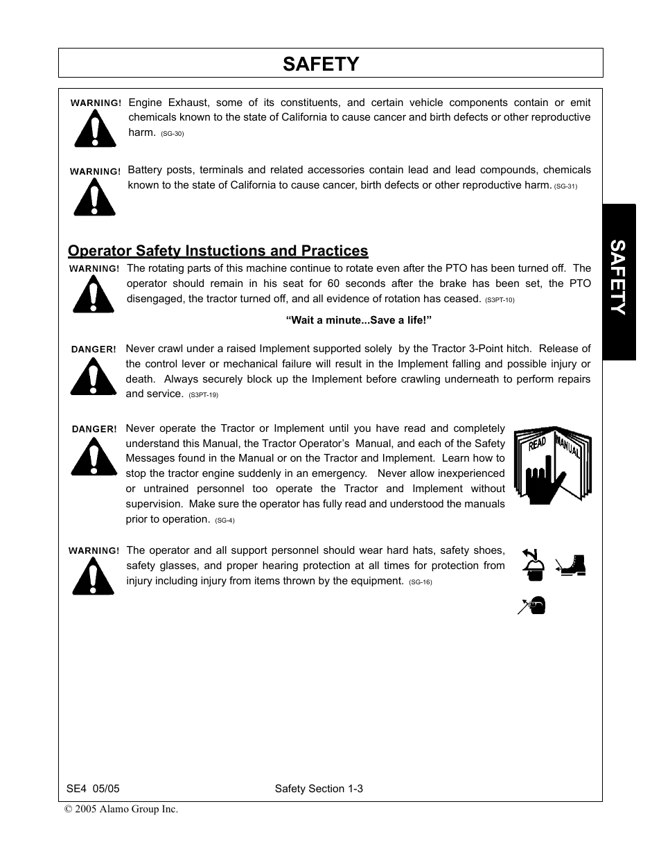 Operator safety instuctions and practices, Operator safety instuctions and practices -3, Safety | Rhino Mounts SE4 User Manual | Page 9 / 138