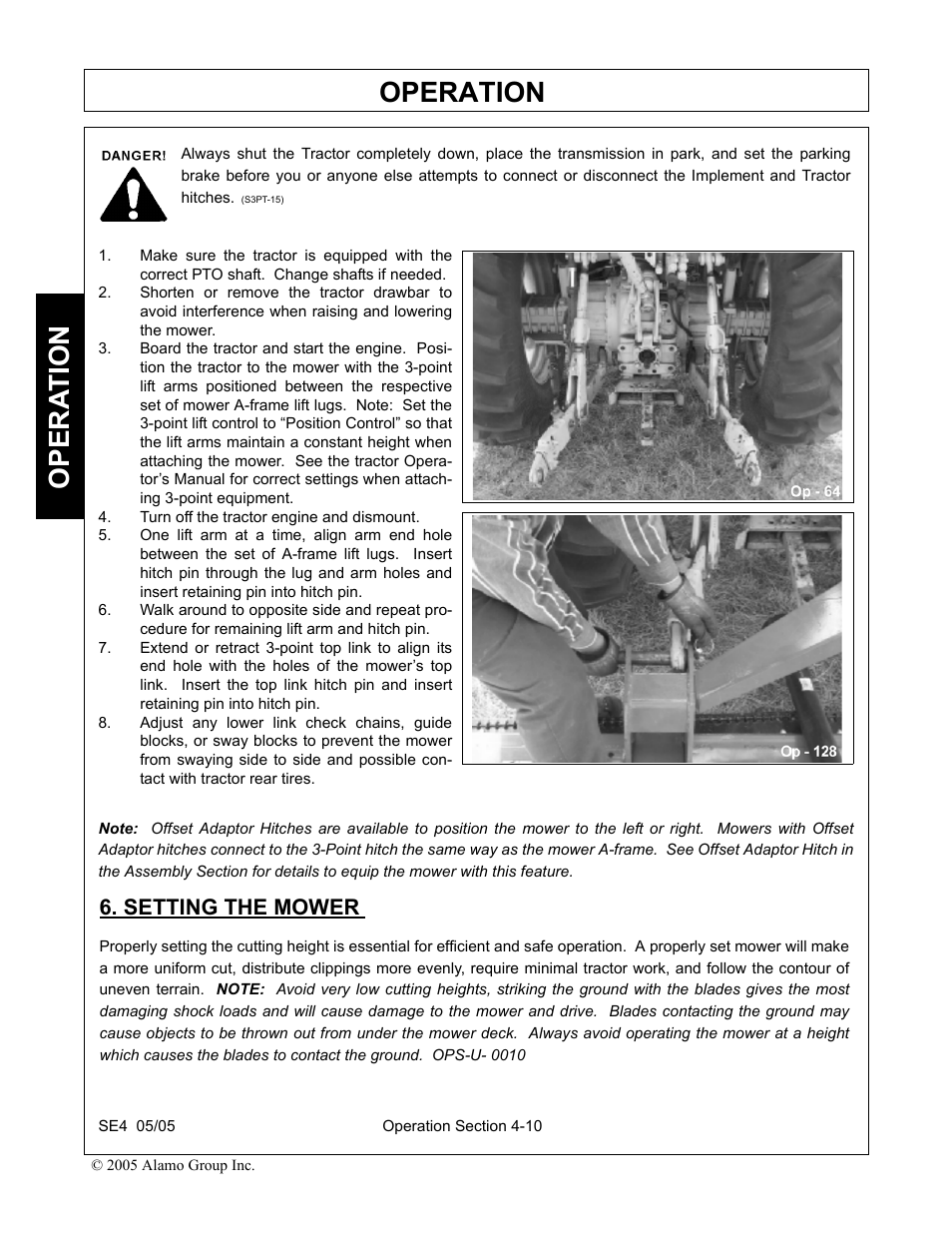 Turn off the tractor engine and dismount, Setting the mower, Setting the mower -10 | Operation, Opera t ion | Rhino Mounts SE4 User Manual | Page 90 / 138