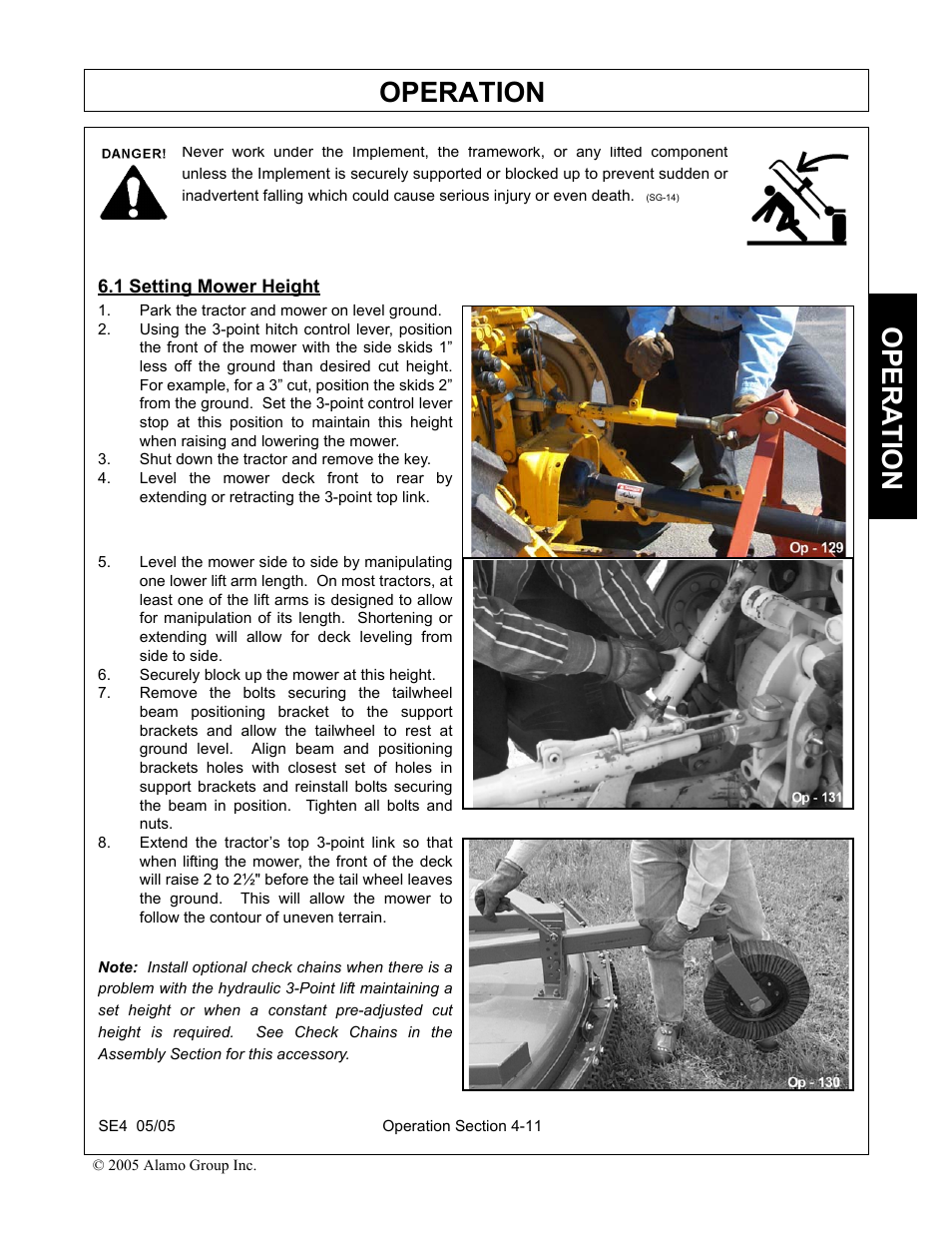 1 setting mower height, Park the tractor and mower on level ground, Shut down the tractor and remove the key | Securely block up the mower at this height, Setting mower height -11, Operation, Opera t ion | Rhino Mounts SE4 User Manual | Page 91 / 138