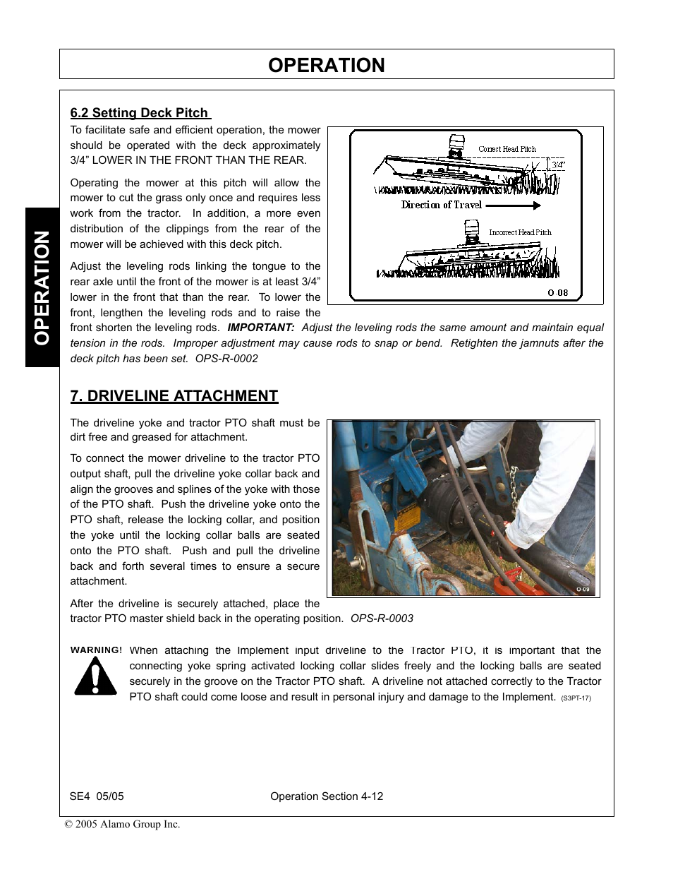 2 setting deck pitch, Driveline attachment, Setting deck pitch -12 driveline attachment -12 | Operation, Opera t ion | Rhino Mounts SE4 User Manual | Page 92 / 138