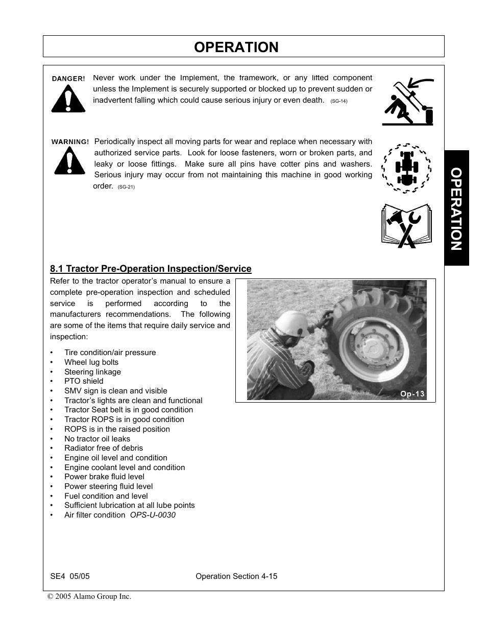 1 tractor pre-operation inspection/service, Tractor pre-operation inspection/service -15, Operation | Opera t ion | Rhino Mounts SE4 User Manual | Page 95 / 138