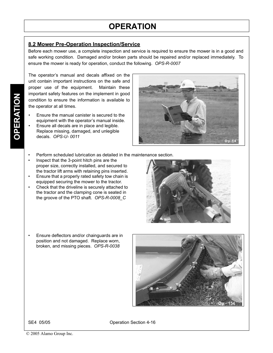 2 mower pre-operation inspection/service, Mower pre-operation inspection/service -16, Operation | Opera t ion | Rhino Mounts SE4 User Manual | Page 96 / 138