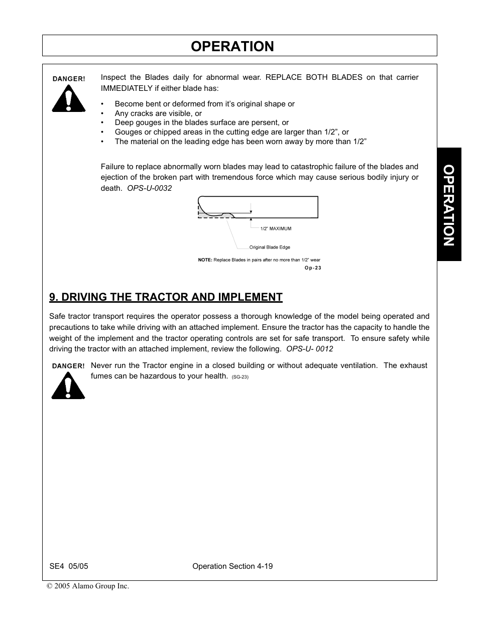 Driving the tractor and implement, Driving the tractor and implement -19, Operation | Opera t ion | Rhino Mounts SE4 User Manual | Page 99 / 138