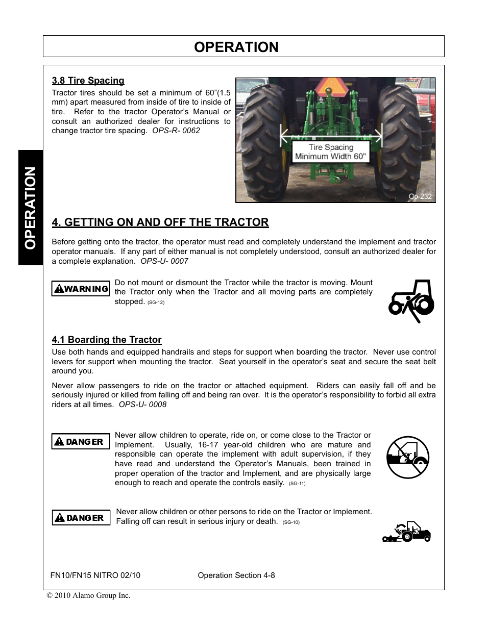 8 tire spacing, Getting on and off the tractor, 1 boarding the tractor | Operation, Opera t ion | Rhino Mounts NITRO FN10 User Manual | Page 100 / 166