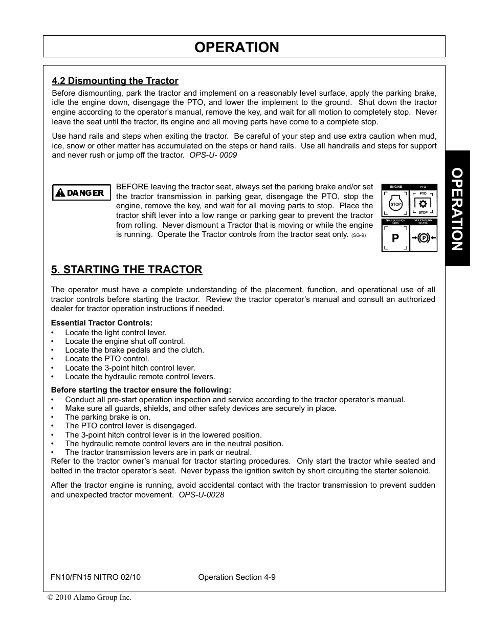 2 dismounting the tractor, Starting the tractor, Dismounting the tractor -9 starting the tractor -9 | Operation, Opera t ion | Rhino Mounts NITRO FN10 User Manual | Page 101 / 166