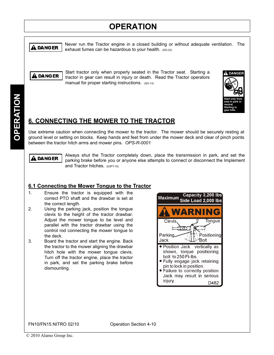 Connecting the mower to the tractor, 1 connecting the mower tongue to the tractor, Operation | Opera t ion | Rhino Mounts NITRO FN10 User Manual | Page 102 / 166