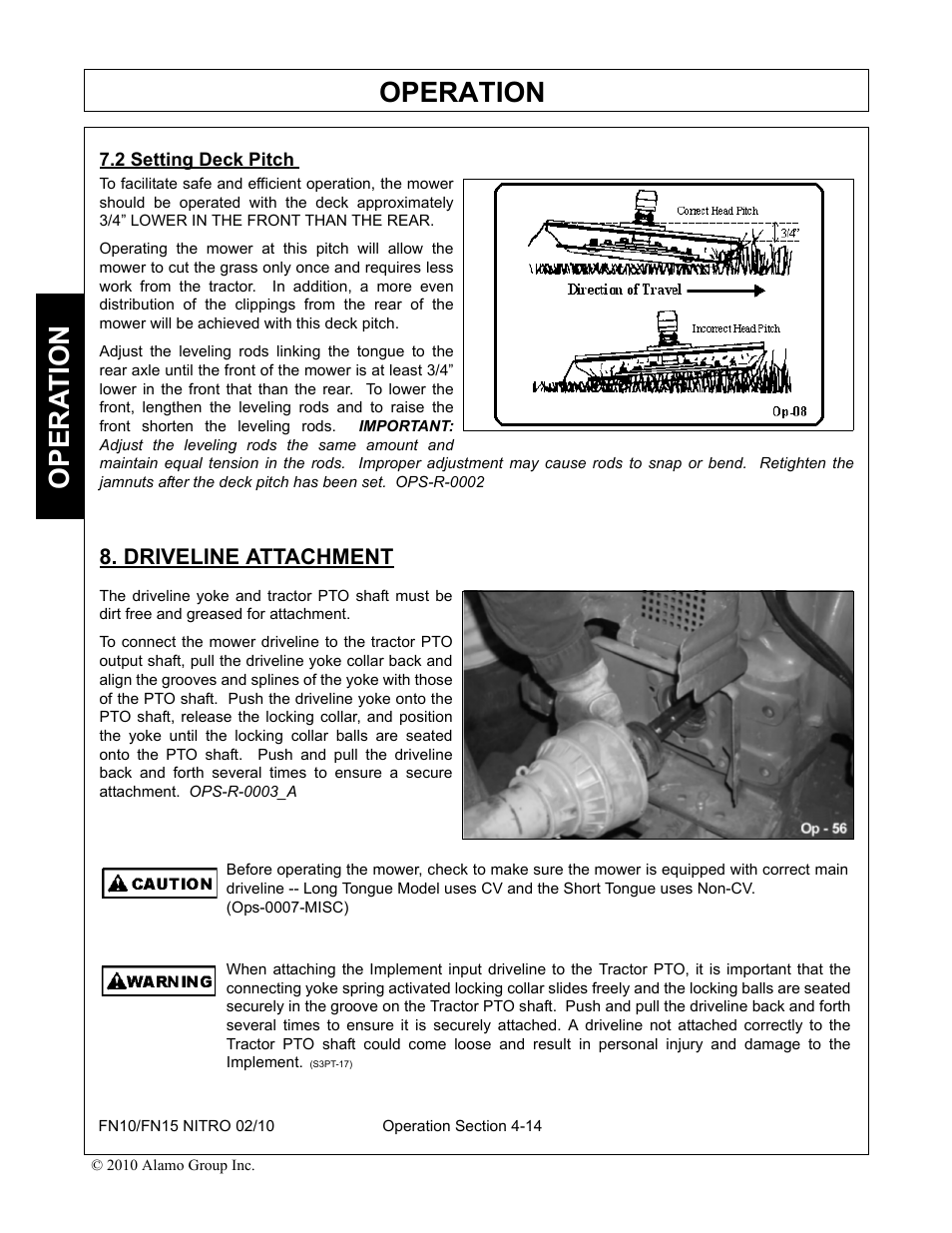 2 setting deck pitch, Driveline attachment, Setting deck pitch -14 driveline attachment -14 | Operation, Opera t ion | Rhino Mounts NITRO FN10 User Manual | Page 106 / 166
