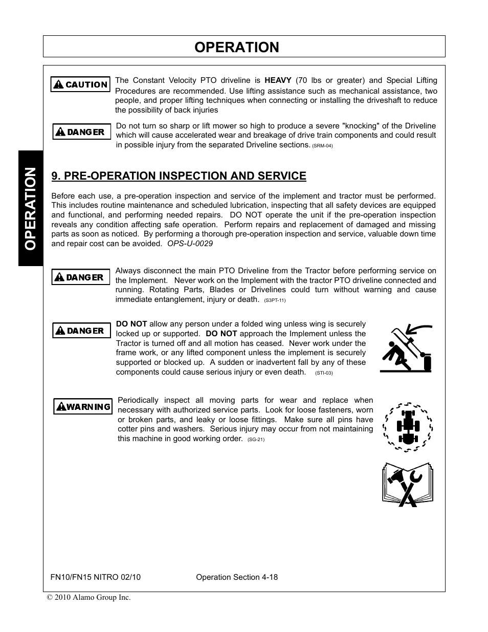 Pre-operation inspection and service, Pre-operation inspection and service -18, Operation | Opera t ion | Rhino Mounts NITRO FN10 User Manual | Page 110 / 166