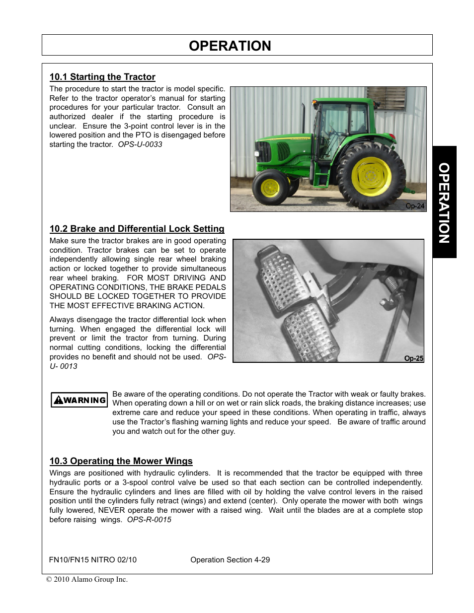 1 starting the tractor, 2 brake and differential lock setting, 3 operating the mower wings | Operation, Opera t ion | Rhino Mounts NITRO FN10 User Manual | Page 121 / 166