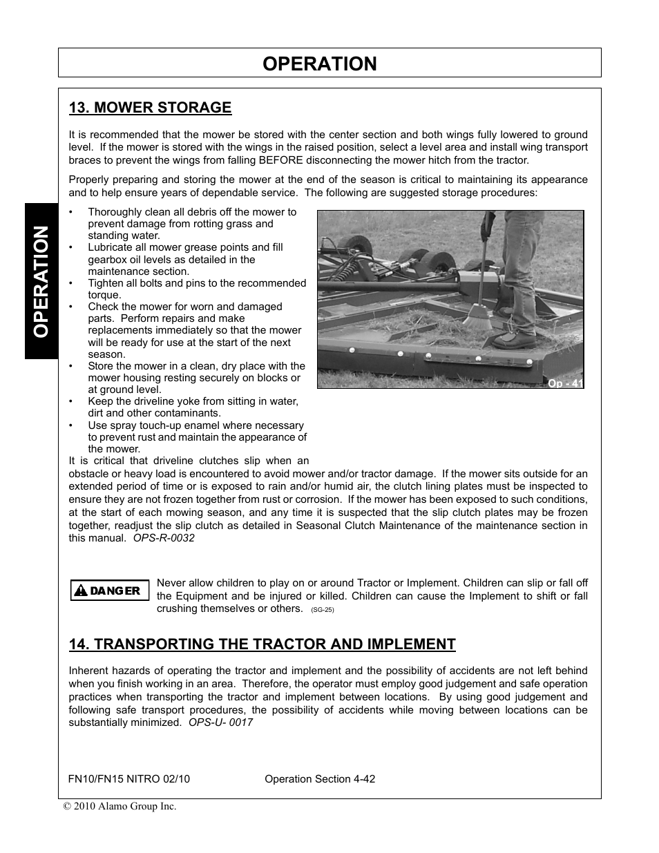 Mower storage, Transporting the tractor and implement, Operation | Opera t ion | Rhino Mounts NITRO FN10 User Manual | Page 134 / 166