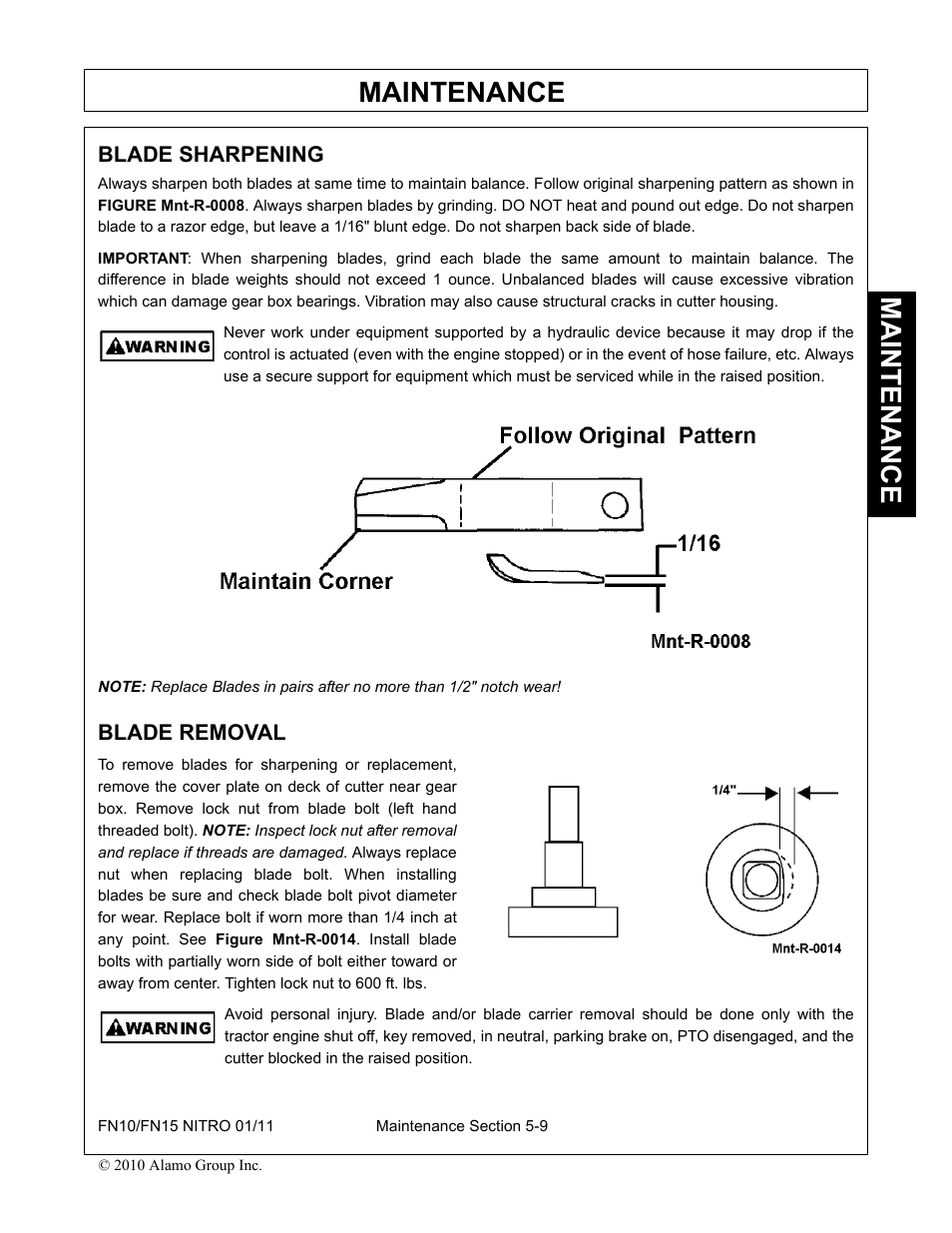 Blade sharpening, Blade removal, Blade sharpening -9 blade removal -9 | Maintenance | Rhino Mounts NITRO FN10 User Manual | Page 151 / 166