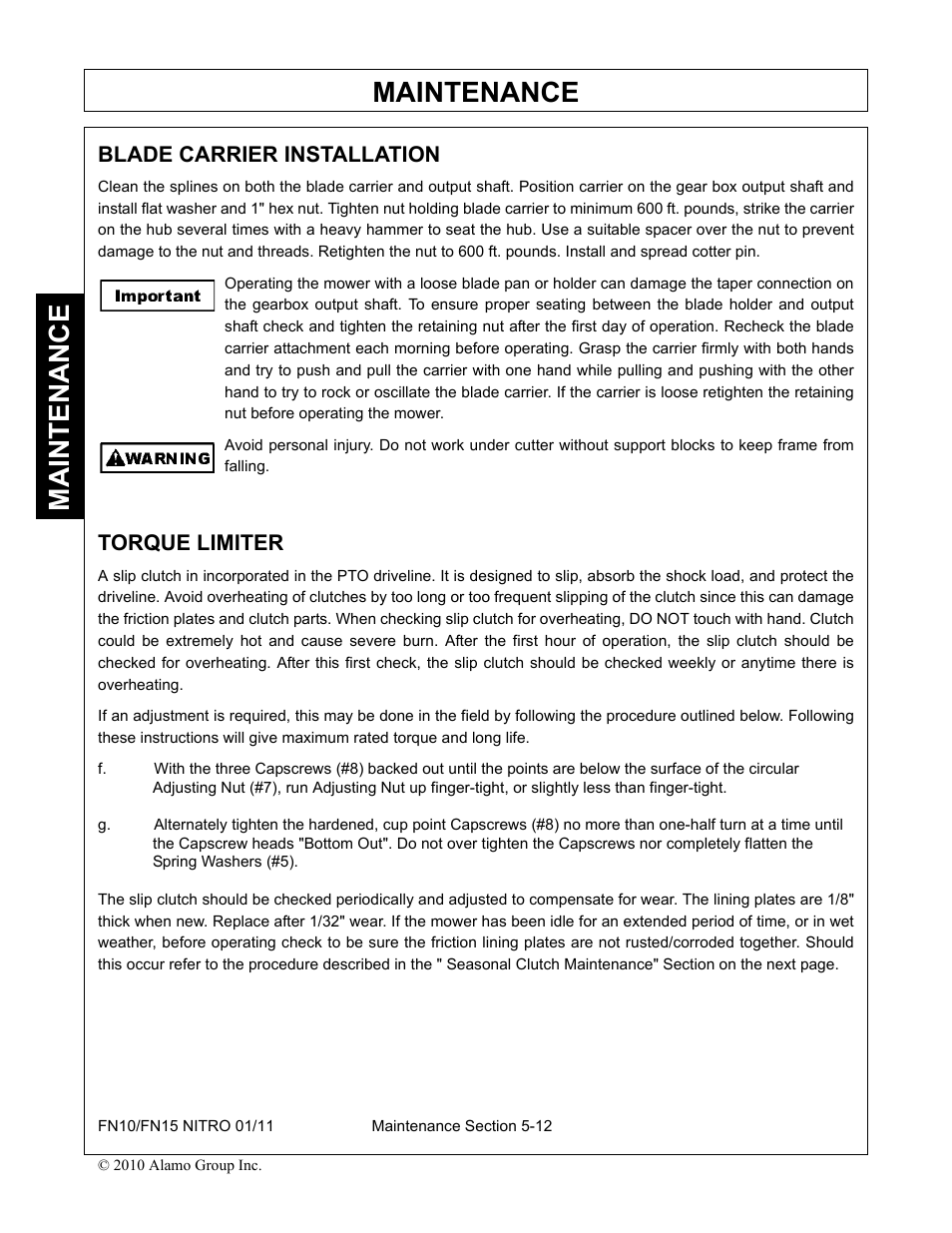 Blade carrier installation, Torque limiter, Blade carrier installation -12 torque limiter -12 | Maintenance | Rhino Mounts NITRO FN10 User Manual | Page 154 / 166