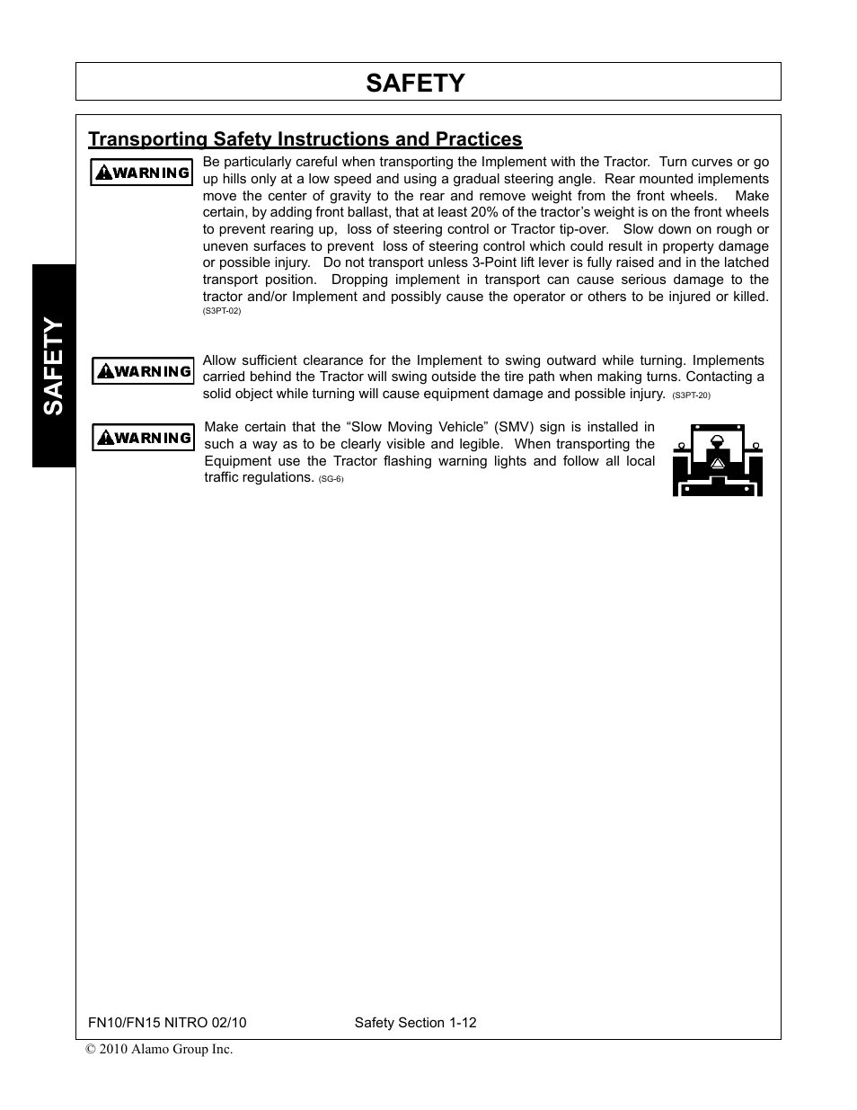 Transporting safety instructions and practices, Transporting safety instructions and practices -12, Safety | Rhino Mounts NITRO FN10 User Manual | Page 18 / 166