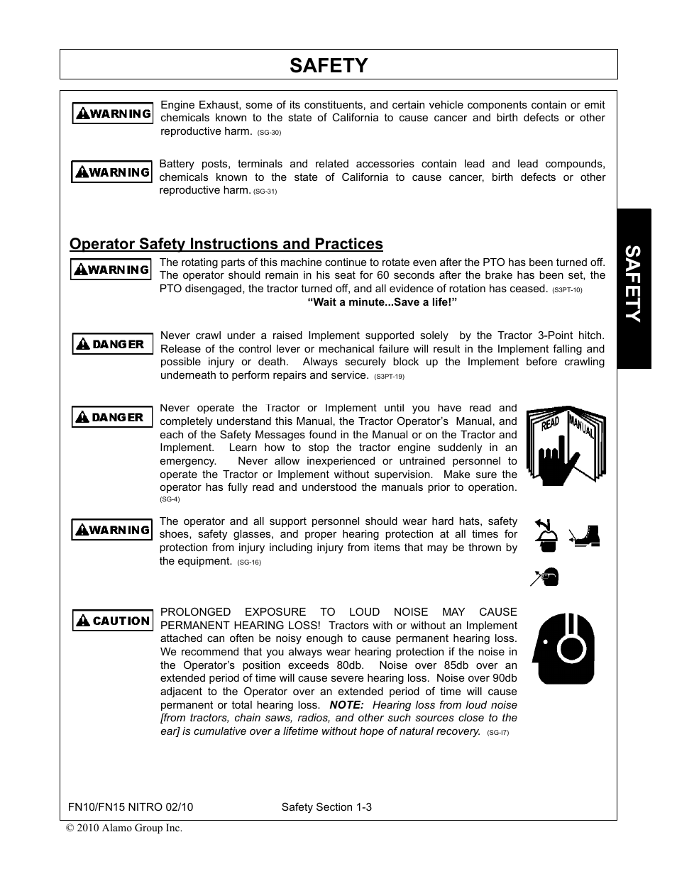 Operator safety instructions and practices, Operator safety instructions and practices -3, Safety | Rhino Mounts NITRO FN10 User Manual | Page 9 / 166