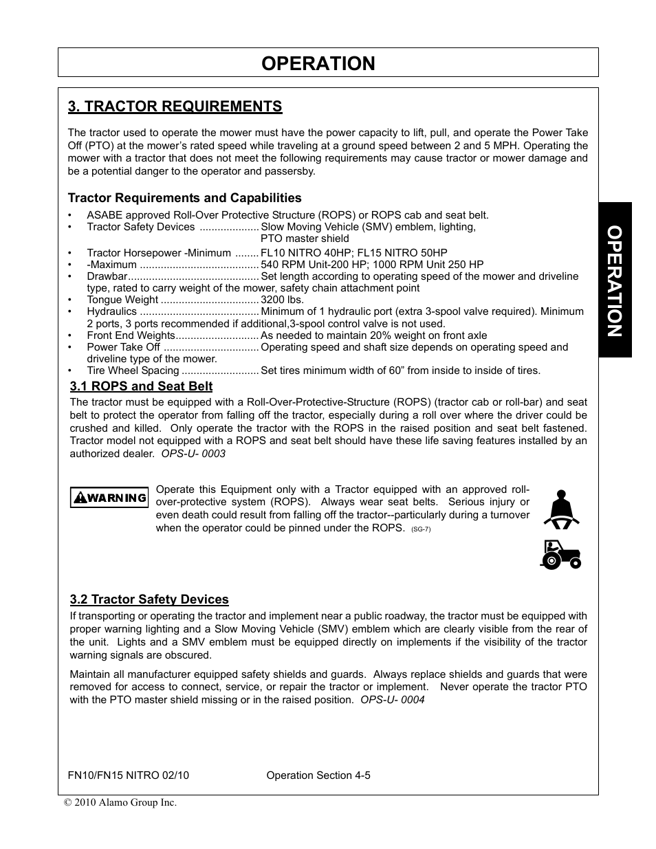 Tractor requirements, Tractor requirements and capabilities, 1 rops and seat belt | 2 tractor safety devices, Operation, Opera t ion | Rhino Mounts NITRO FN10 User Manual | Page 97 / 166