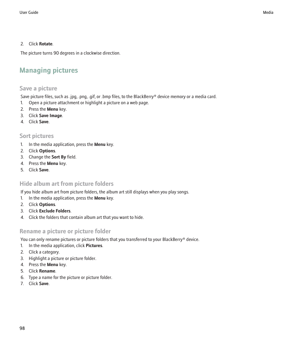 Managing pictures, Save a picture, Sort pictures | Hide album art from picture folders, Rename a picture or picture folder | Blackberry 9000 User Manual | Page 100 / 275