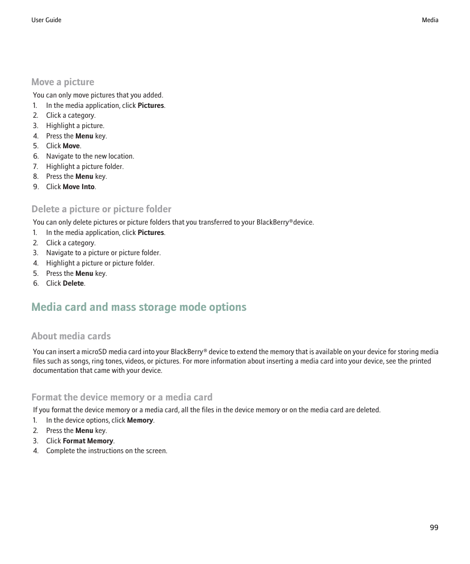 Media card and mass storage mode options, Format the device memory or a media card, Move a picture | Delete a picture or picture folder, About media cards | Blackberry 9000 User Manual | Page 101 / 275