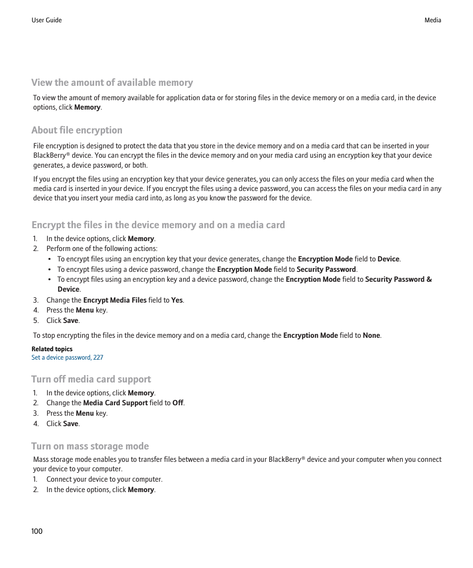 View the amount of available memory, About file encryption, Turn off media card support | Turn on mass storage mode | Blackberry 9000 User Manual | Page 102 / 275