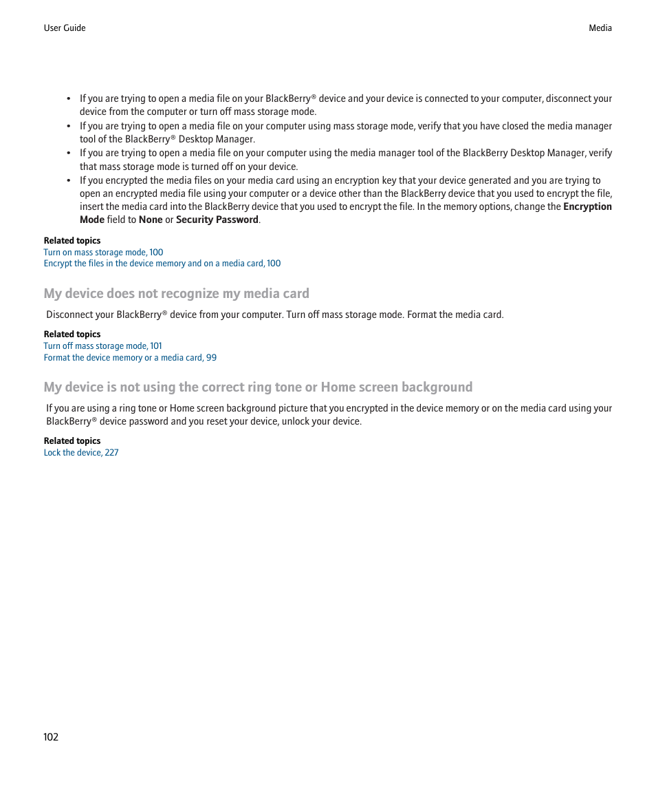 My device does not recognize my media card | Blackberry 9000 User Manual | Page 104 / 275