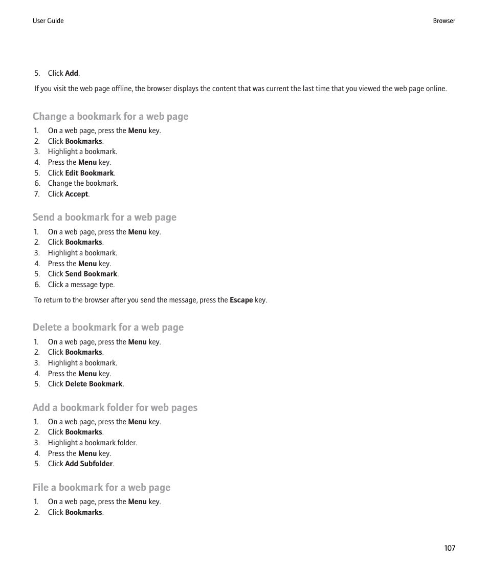 Change a bookmark for a web page, Send a bookmark for a web page, Delete a bookmark for a web page | Add a bookmark folder for web pages, File a bookmark for a web page | Blackberry 9000 User Manual | Page 109 / 275