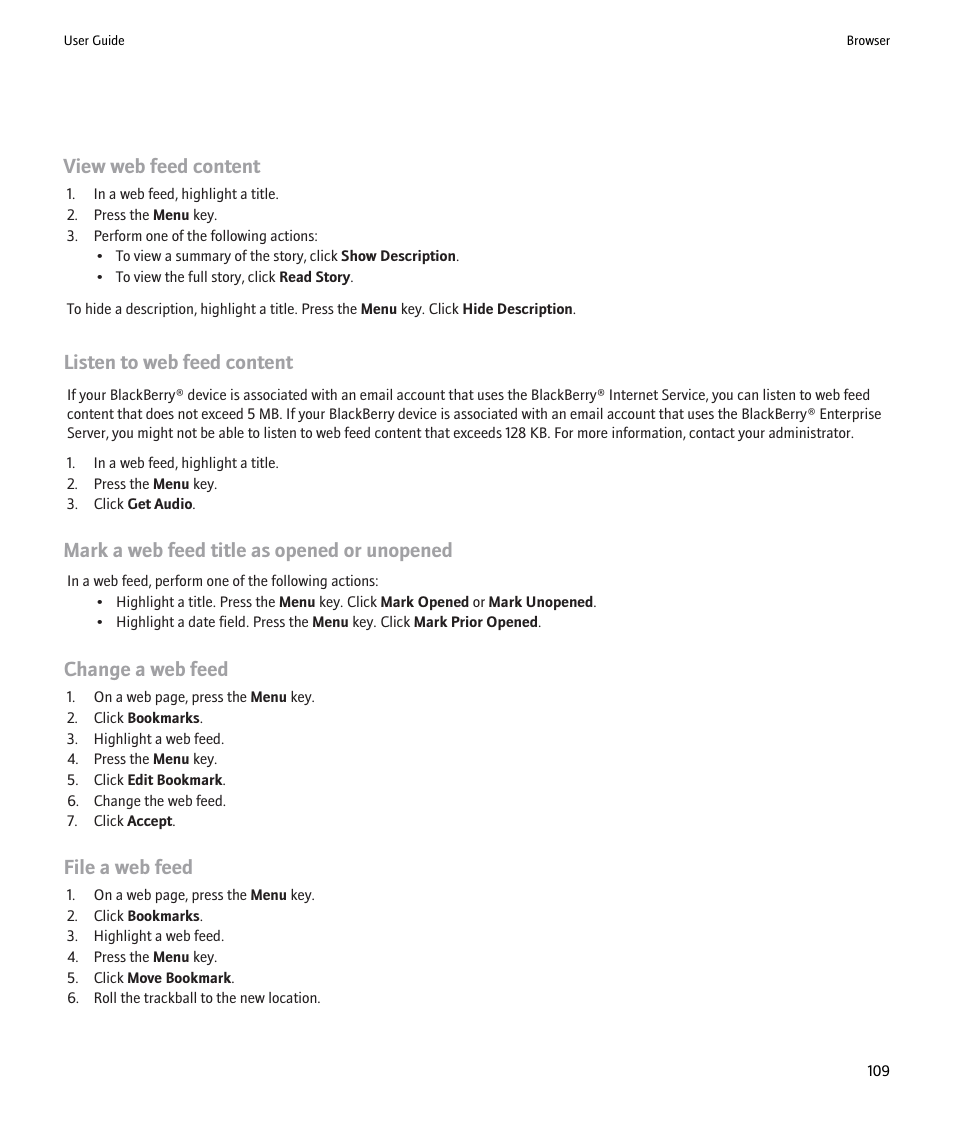 View web feed content, Listen to web feed content, Mark a web feed title as opened or unopened | Change a web feed, File a web feed | Blackberry 9000 User Manual | Page 111 / 275