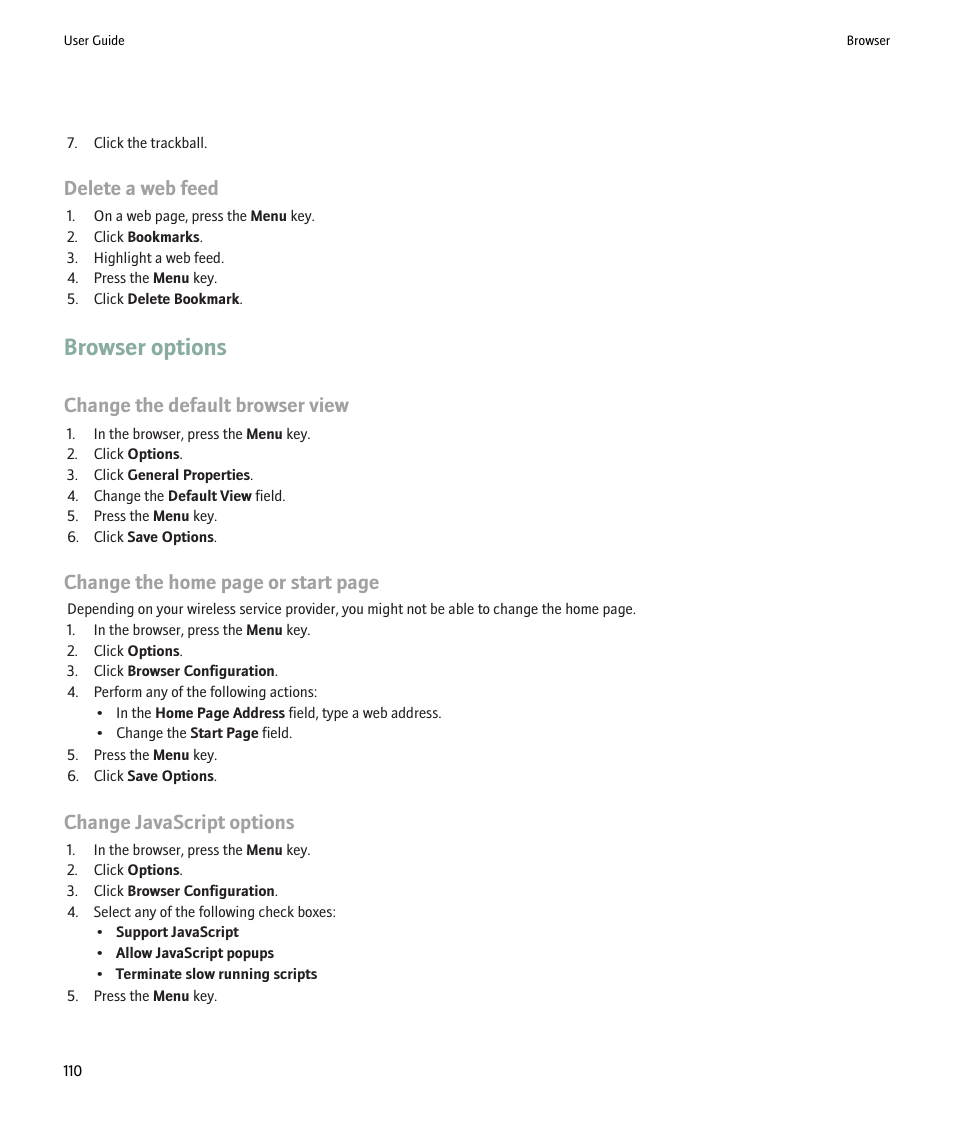 Browser options, Delete a web feed, Change the default browser view | Change the home page or start page, Change javascript options | Blackberry 9000 User Manual | Page 112 / 275