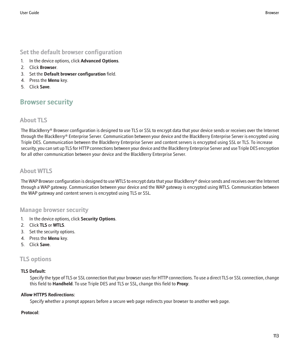 Browser security, Set the default browser configuration, About tls | About wtls, Manage browser security, Tls options | Blackberry 9000 User Manual | Page 115 / 275