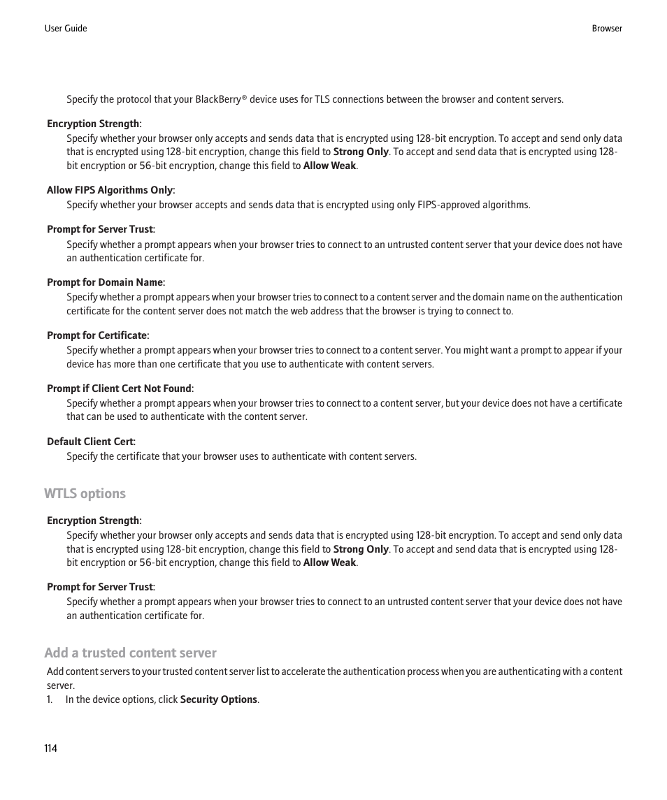 Wtls options, Add a trusted content server | Blackberry 9000 User Manual | Page 116 / 275