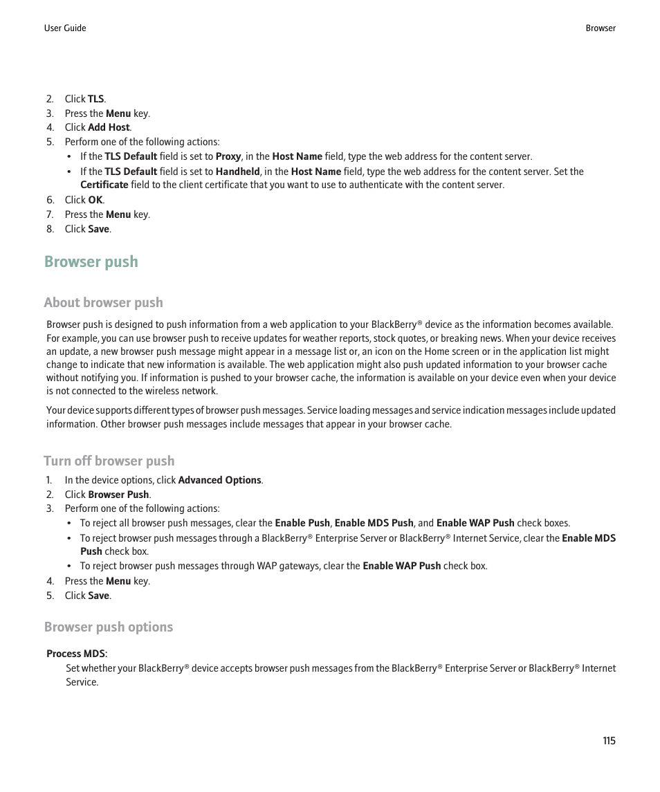 Browser push, About browser push, Turn off browser push | Browser push options | Blackberry 9000 User Manual | Page 117 / 275