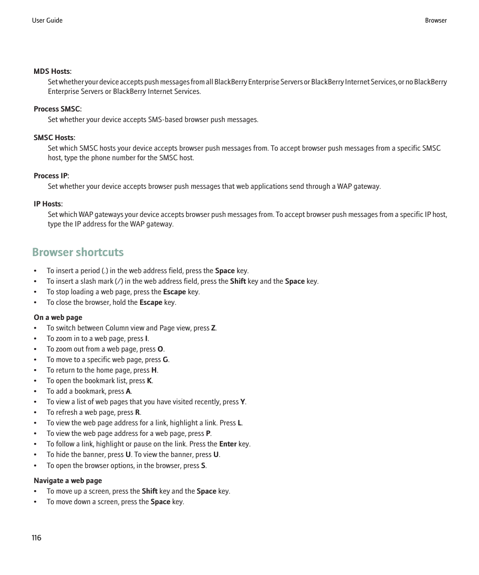 Browser shortcuts | Blackberry 9000 User Manual | Page 118 / 275