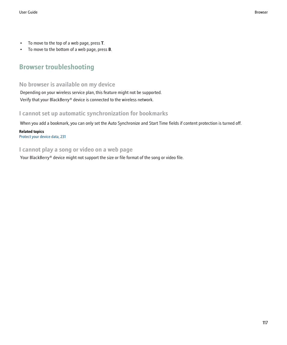 Browser troubleshooting, No browser is available on my device, I cannot play a song or video on a web page | Blackberry 9000 User Manual | Page 119 / 275