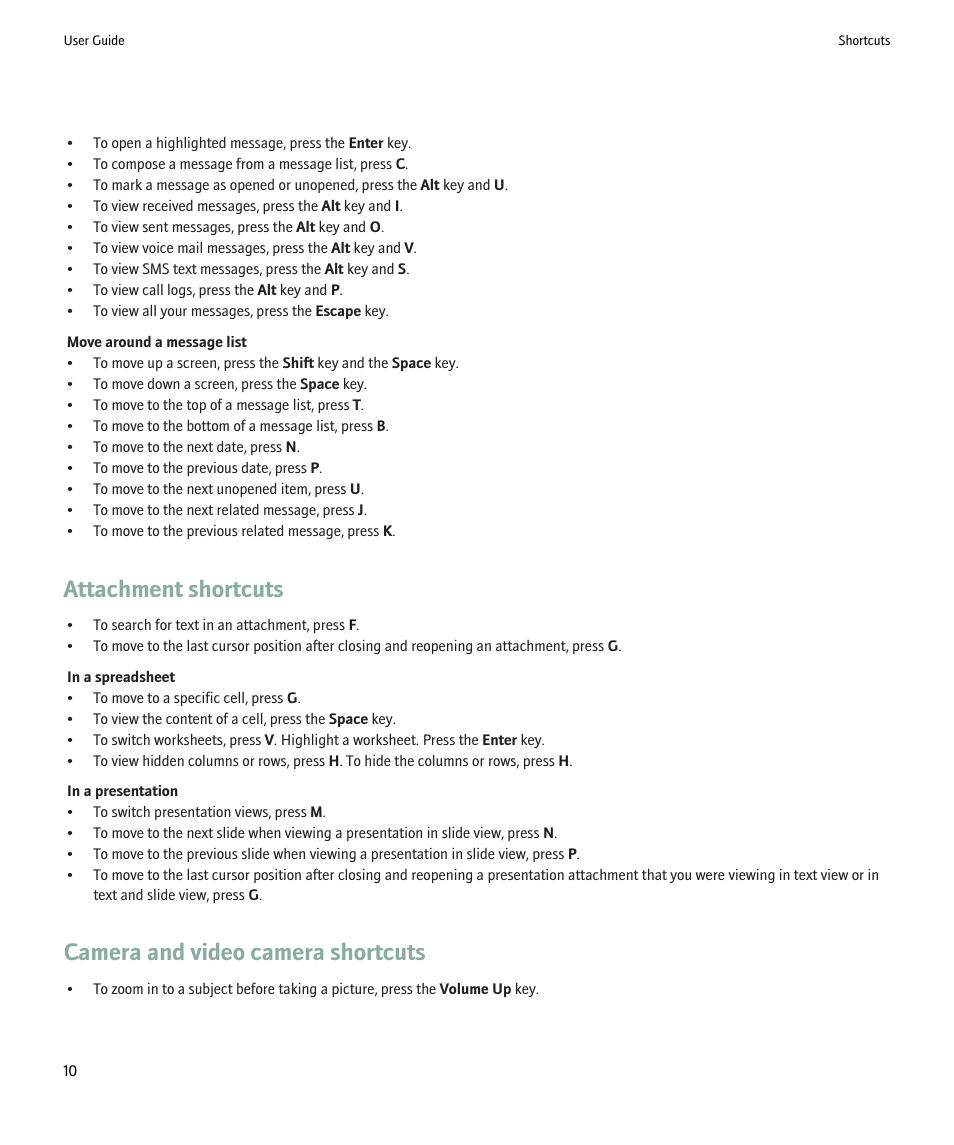 Attachment shortcuts, Camera and video camera shortcuts | Blackberry 9000 User Manual | Page 12 / 275