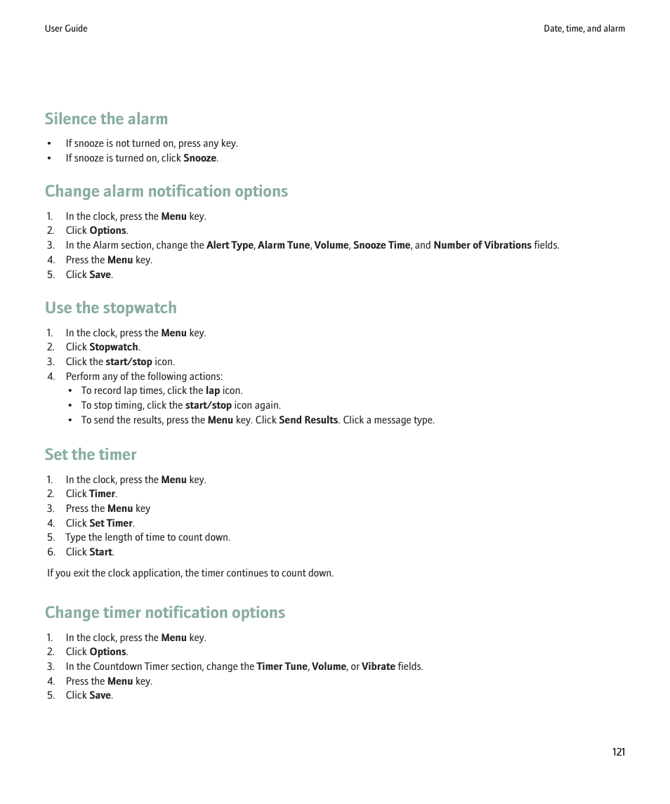 Silence the alarm, Change alarm notification options, Use the stopwatch | Set the timer, Change timer notification options | Blackberry 9000 User Manual | Page 123 / 275