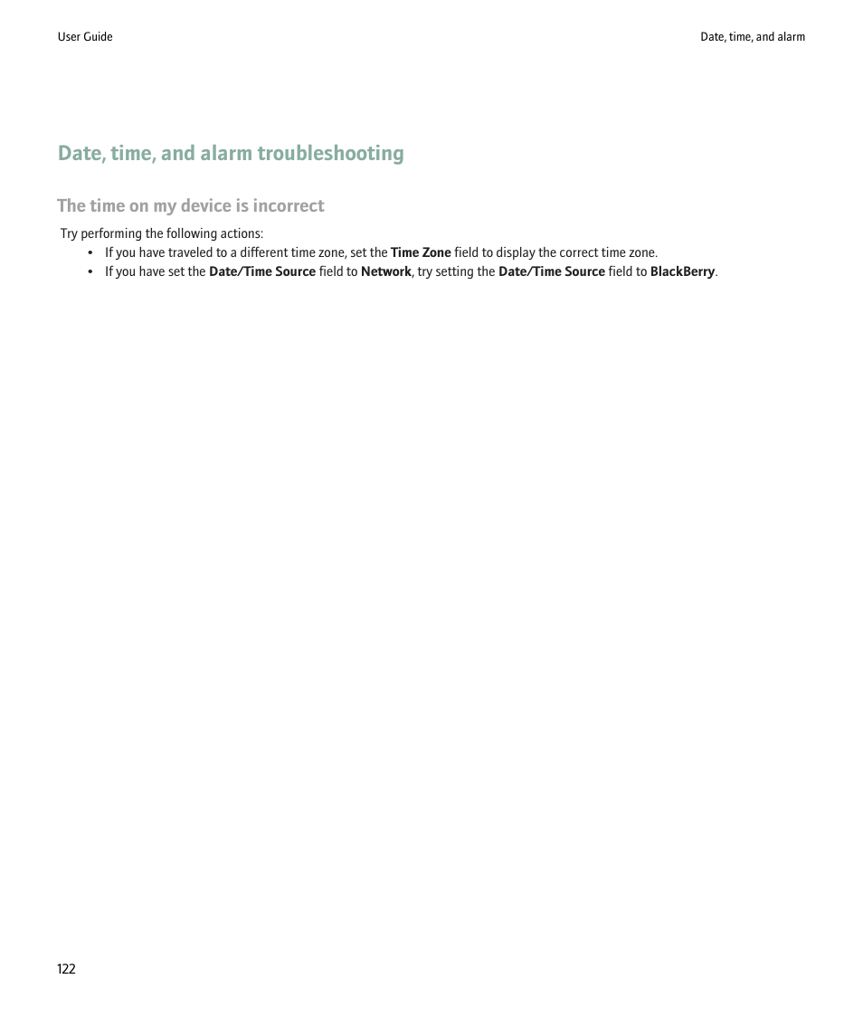 Date, time, and alarm troubleshooting, The time on my device is incorrect | Blackberry 9000 User Manual | Page 124 / 275