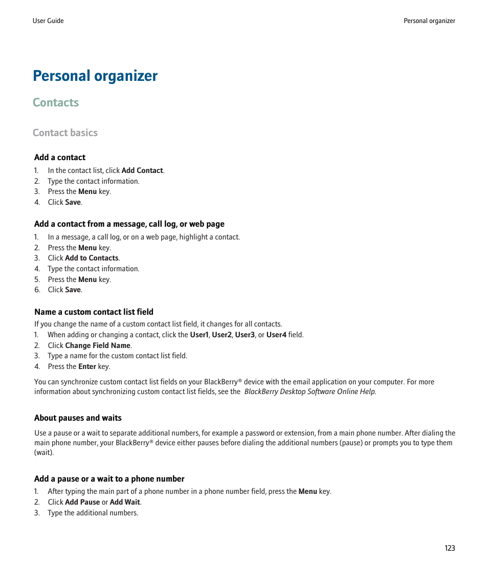 Personal organizer, Contacts, Contact basics | Blackberry 9000 User Manual | Page 125 / 275