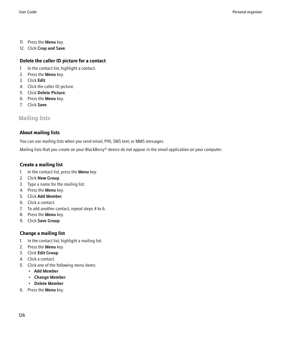 Mailing lists, 126, Mailing lists | Blackberry 9000 User Manual | Page 128 / 275