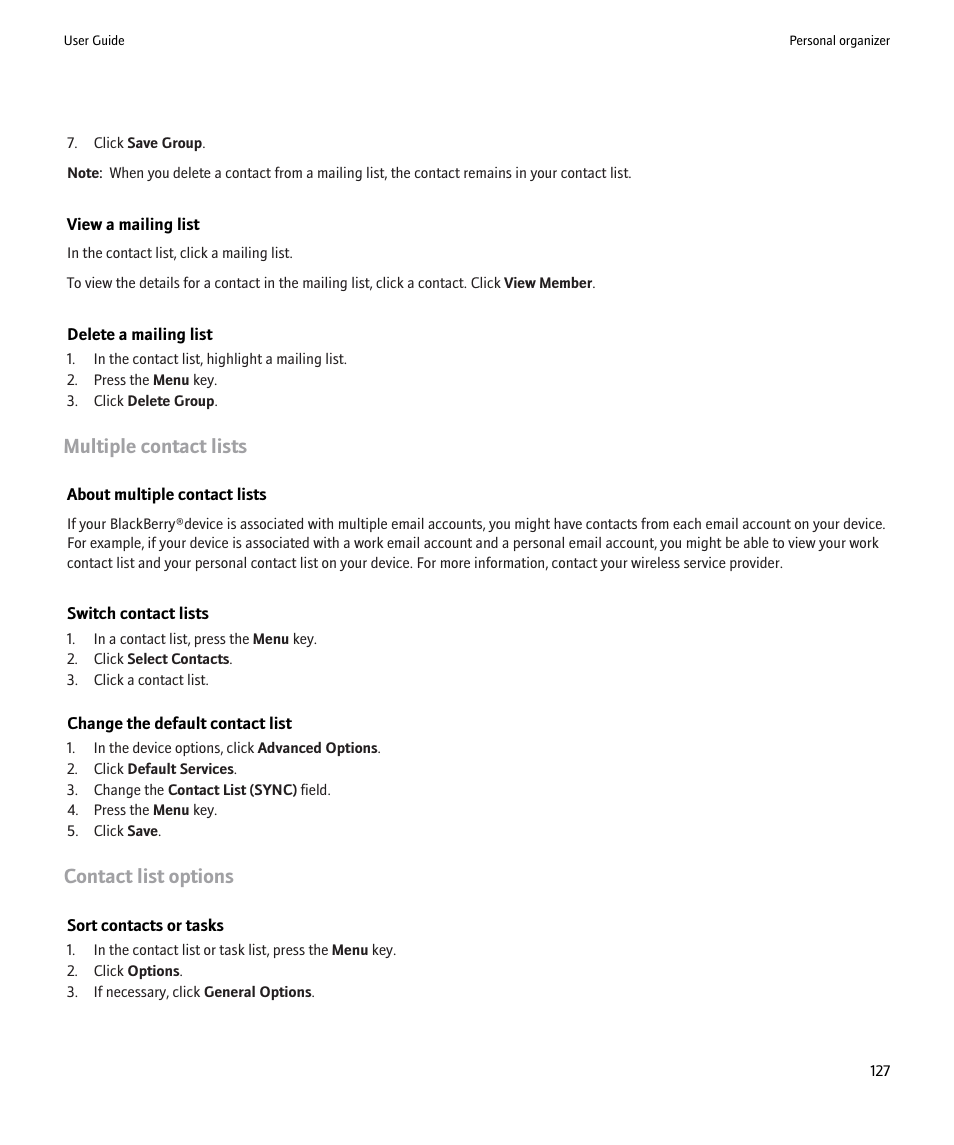 Multiple contact lists, Contact list options | Blackberry 9000 User Manual | Page 129 / 275