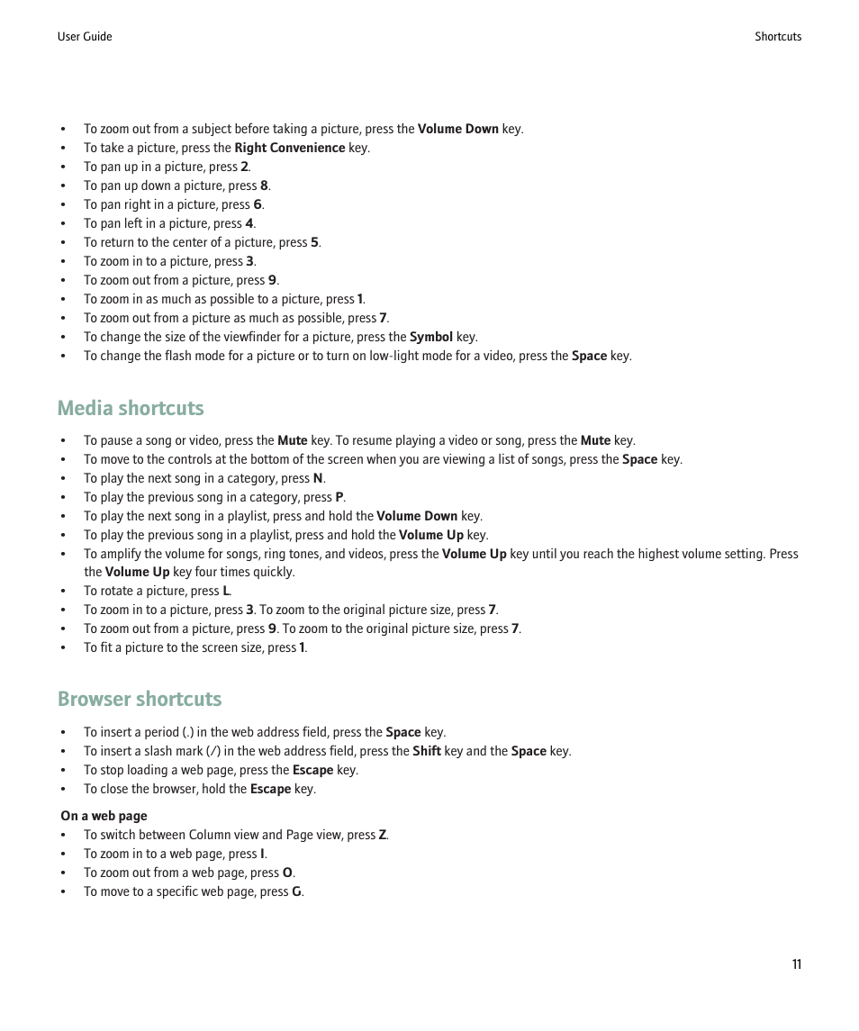 Media shortcuts, Browser shortcuts | Blackberry 9000 User Manual | Page 13 / 275