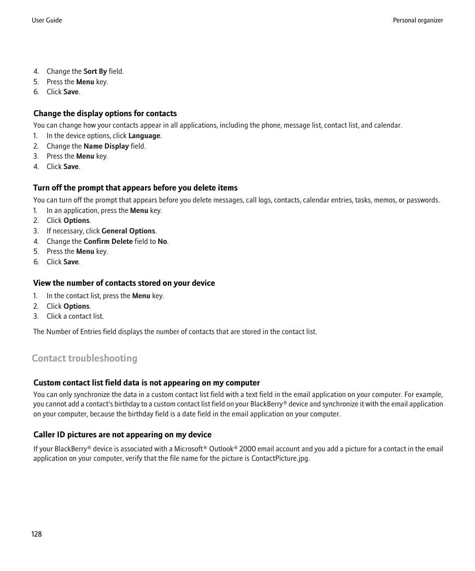 Change the display options for contacts, Contact troubleshooting | Blackberry 9000 User Manual | Page 130 / 275