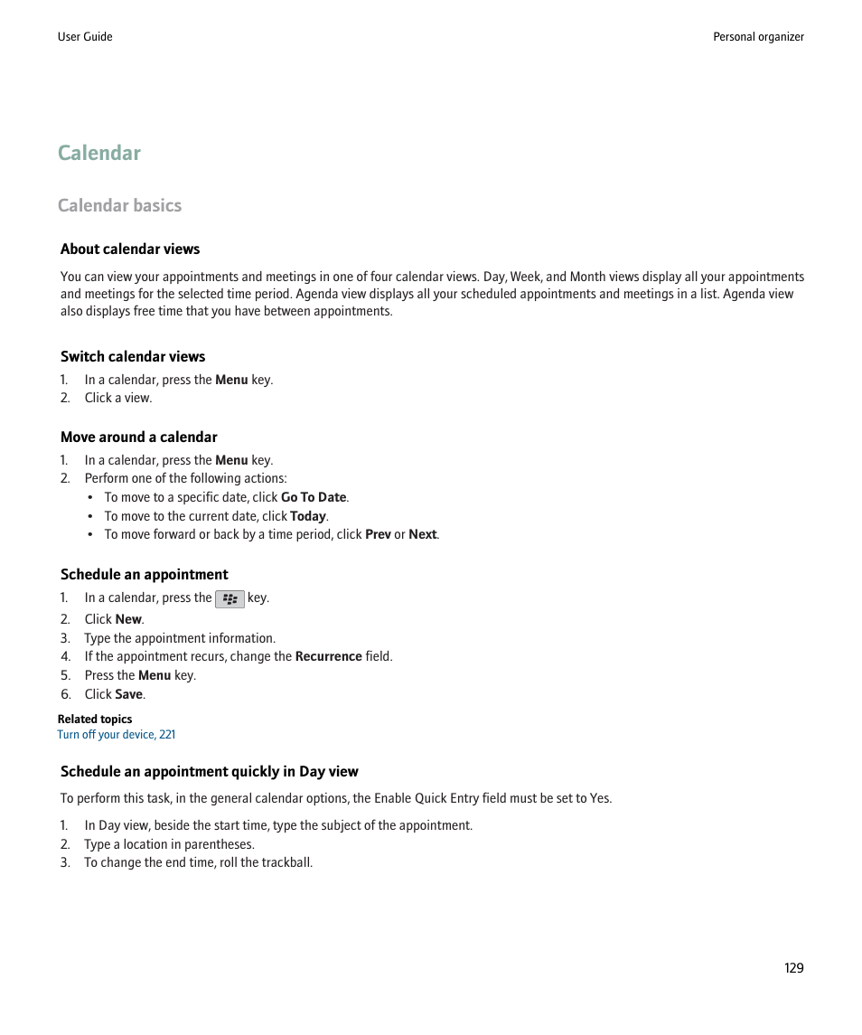 Calendar, Calendar basics | Blackberry 9000 User Manual | Page 131 / 275