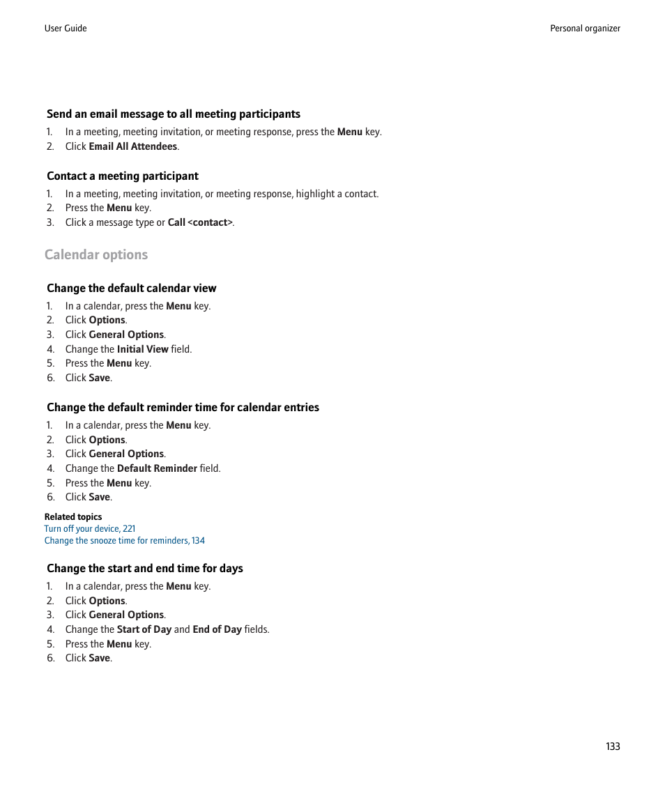 Calendar options | Blackberry 9000 User Manual | Page 135 / 275