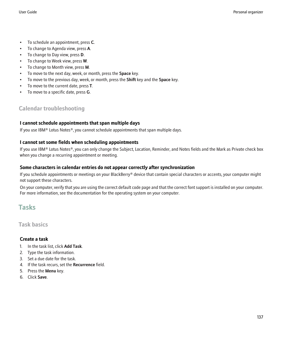 Tasks, Calendar troubleshooting, Task basics | Blackberry 9000 User Manual | Page 139 / 275