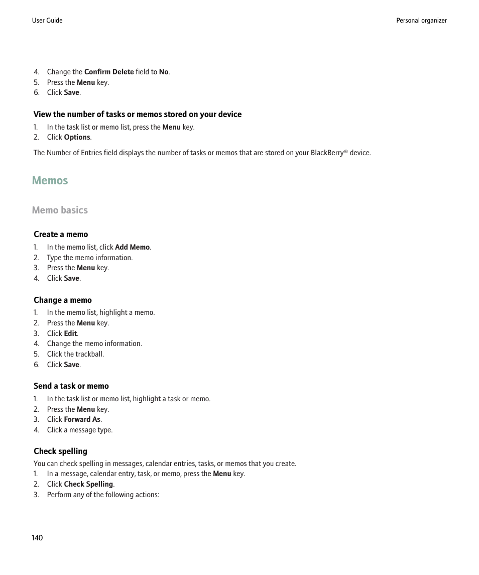 Memos | Blackberry 9000 User Manual | Page 142 / 275