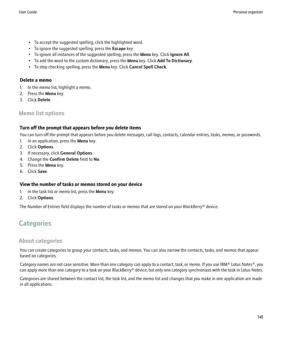 Categories, About categories | Blackberry 9000 User Manual | Page 143 / 275