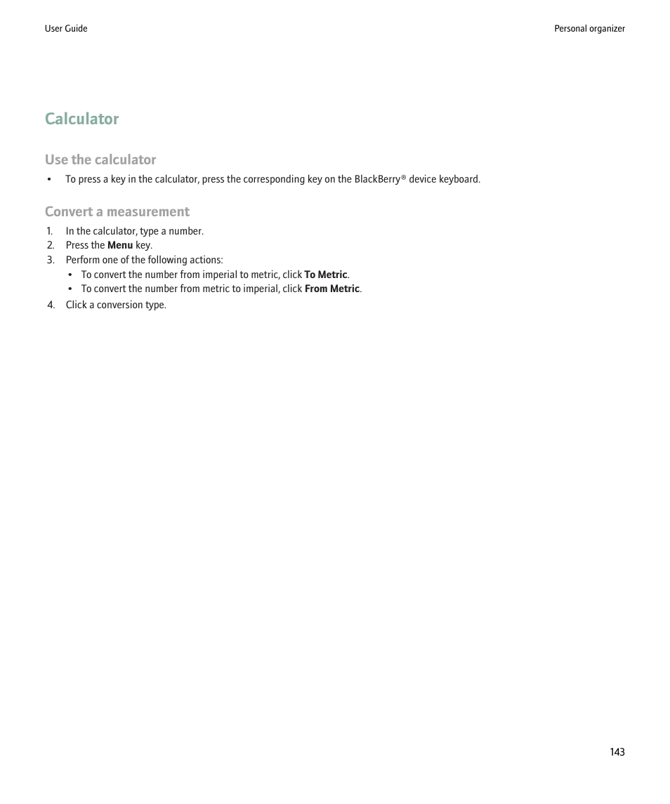 Calculator, Use the calculator, Convert a measurement | Blackberry 9000 User Manual | Page 145 / 275